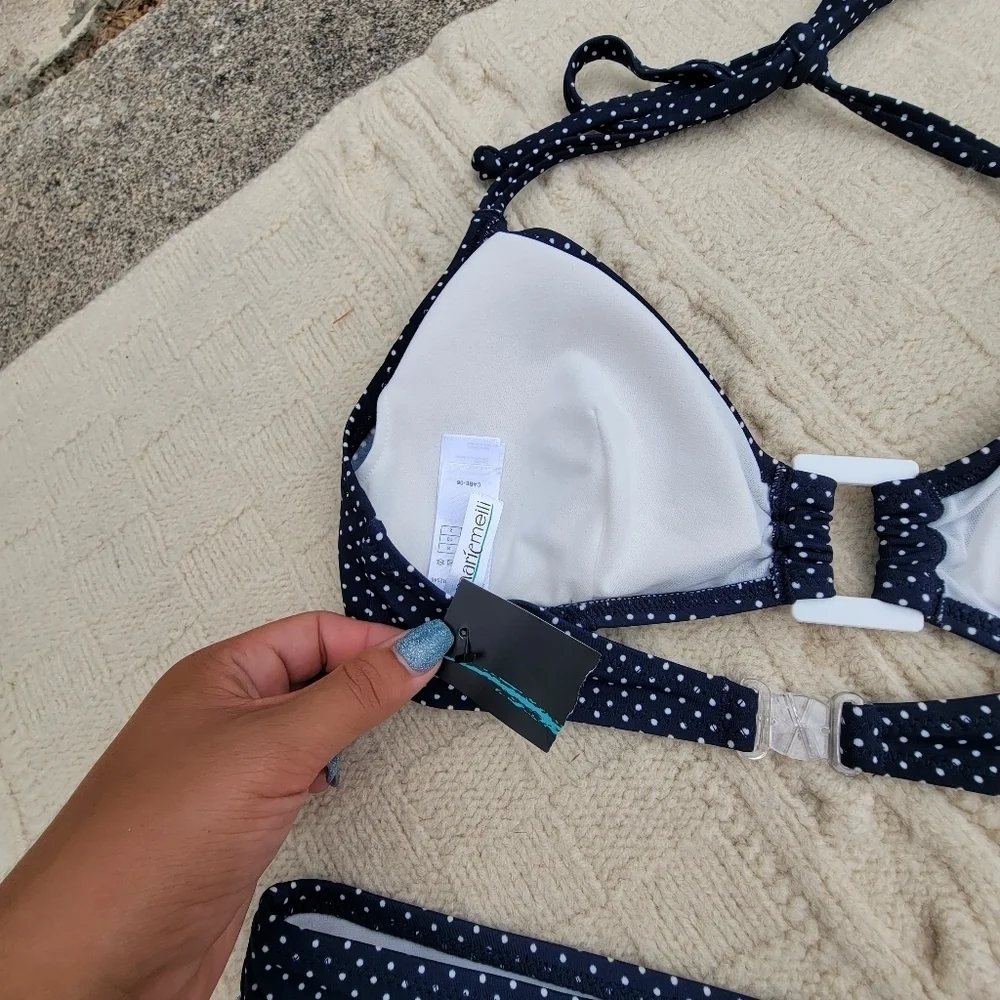 NWT Marie Melli Retro Polka Dot Print Bikini size S Navy White
